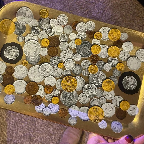 First National Bank Metal Tray Pictures of Coins/Money ~ 14" x 9" Illinois 1968 - Picture 2 of 9